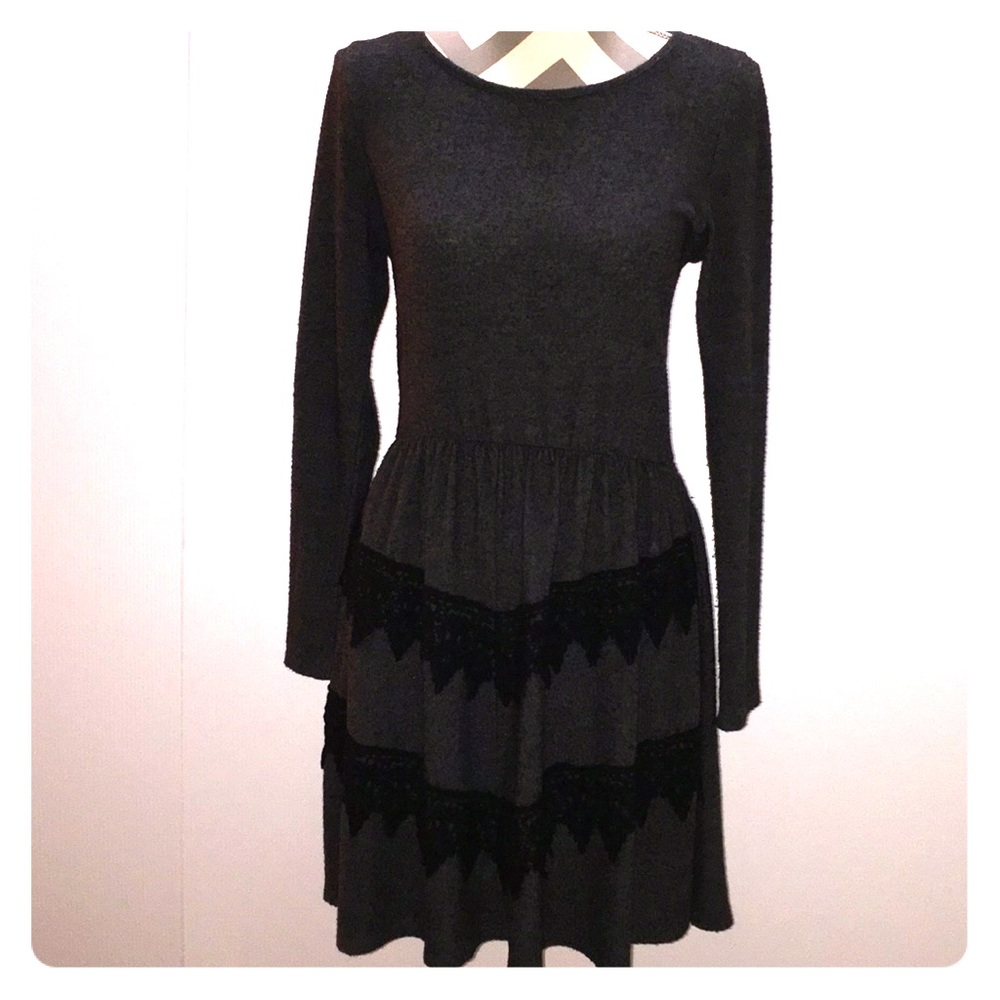 Grey Knit Long Sleeve Dress with lace on skirt..